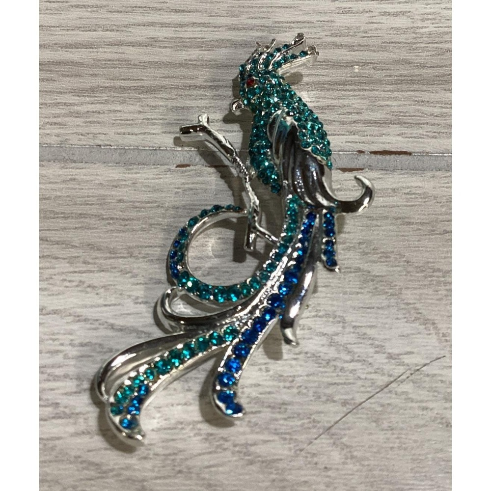 Silvertone Pin w/ Teal & Blue Stones Textured Bird Parrot Vintage